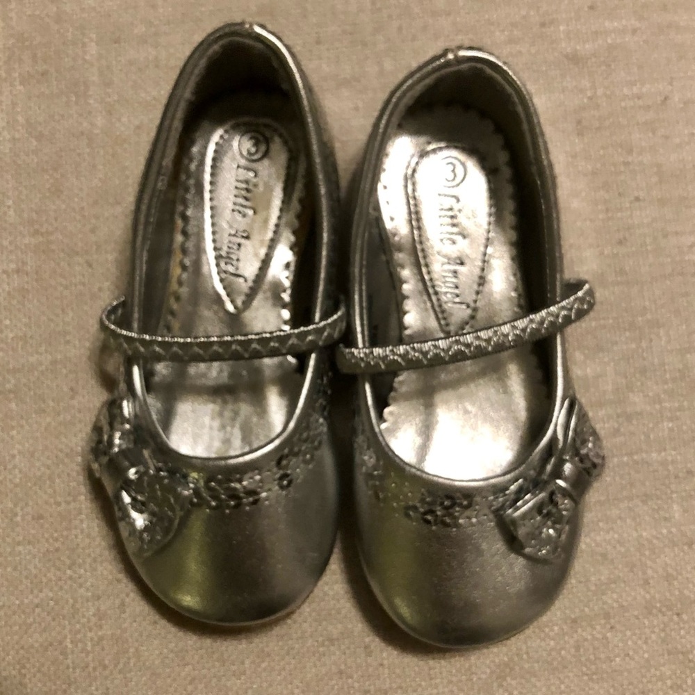 Baby girl silver sequin bow Mary Janes shoes 3